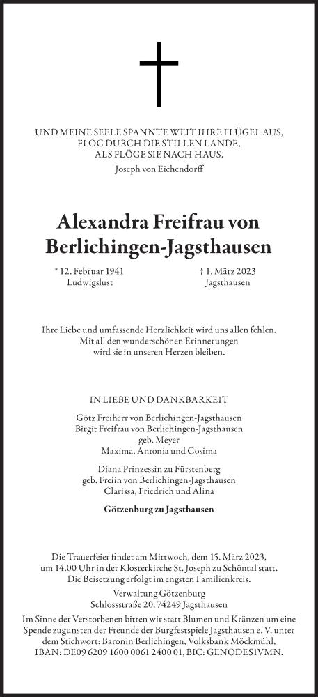 Traueranzeige von Alexandra Freifrau von Berlichingen-Jagsthausen von Süddeutsche Zeitung