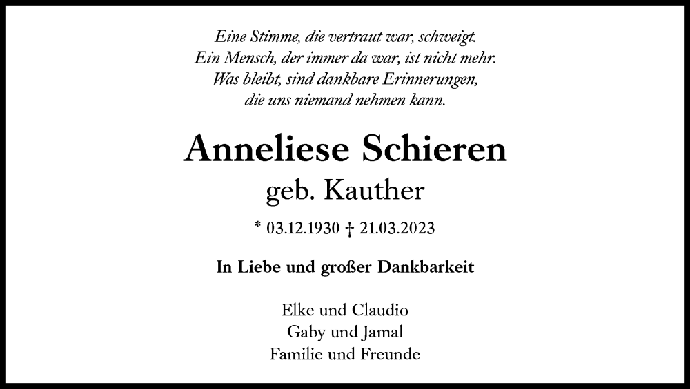  Traueranzeige für Anneliese Schieren vom 25.03.2023 aus Süddeutsche Zeitung
