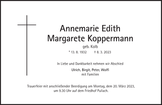 Traueranzeige von Annemarie Edith Margarete Koppermann von Süddeutsche Zeitung
