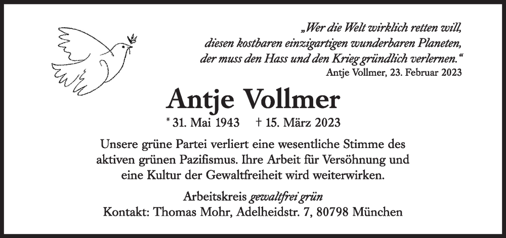  Traueranzeige für Antje Vollmer vom 25.03.2023 aus Süddeutsche Zeitung