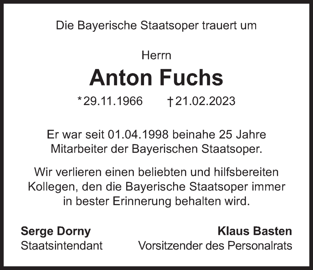  Traueranzeige für Anton Fuchs vom 11.03.2023 aus Süddeutsche Zeitung