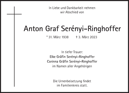 Traueranzeige von Anton Graf Serényi-Ringhoffer von Süddeutsche Zeitung