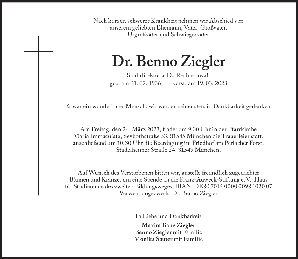  Traueranzeige für Benno Ziegler vom 21.03.2023 aus Süddeutsche Zeitung