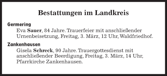 Traueranzeige von Bestattungen vom 03.03.2023 von Süddeutsche Zeitung