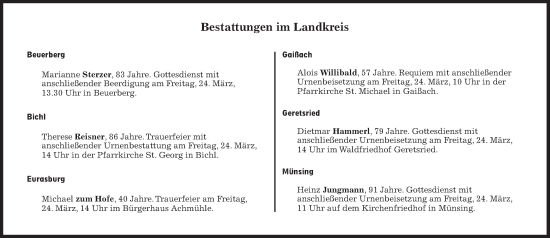 Traueranzeige von Bestattungen vom 24.03.2023 von Süddeutsche Zeitung