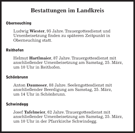 Traueranzeige von Bestattungskalender vom 25.03.2023 von Süddeutsche Zeitung