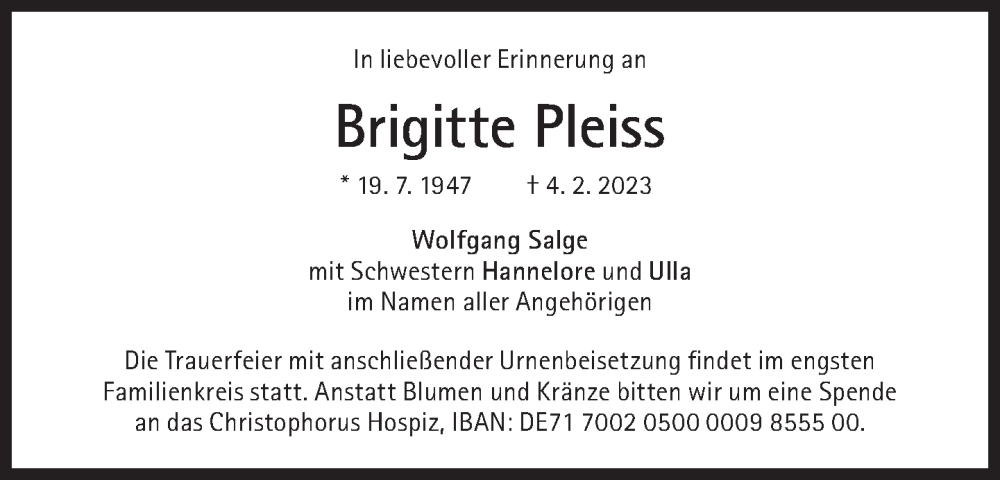  Traueranzeige für Brigitte Pleiss vom 04.03.2023 aus Süddeutsche Zeitung