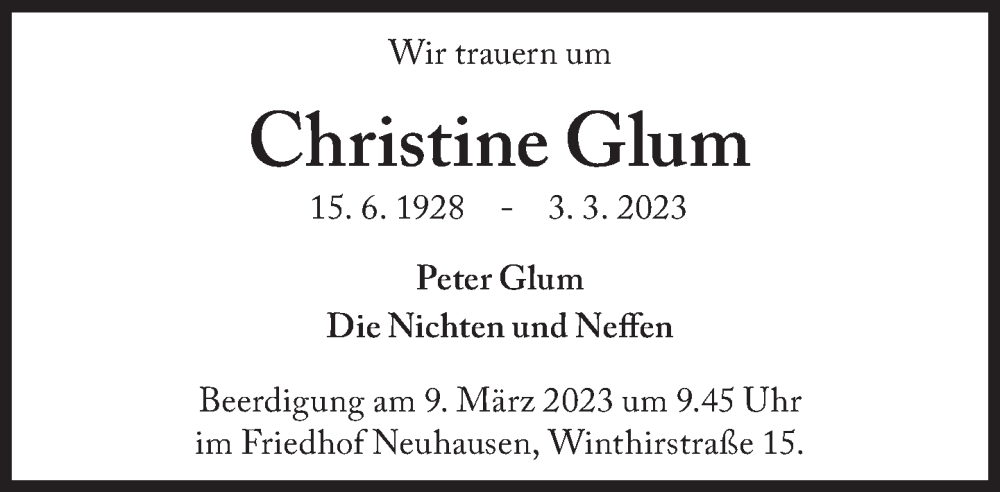  Traueranzeige für Christine Glum vom 08.03.2023 aus Süddeutsche Zeitung