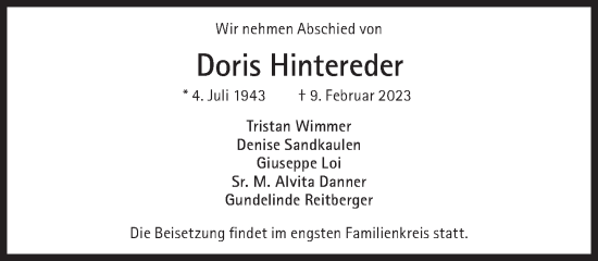 Traueranzeige von Doris Hintereder von Süddeutsche Zeitung