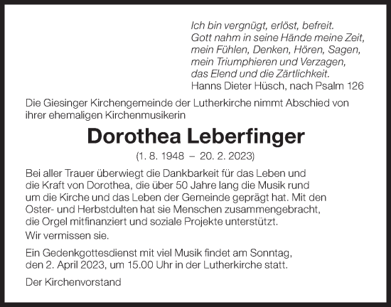 Traueranzeige von Dorothea Leberfinger von Süddeutsche Zeitung