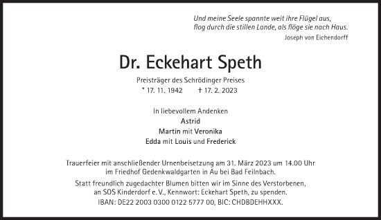 Traueranzeige von Eckehart Speth von Süddeutsche Zeitung