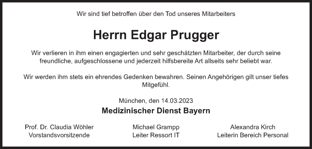  Traueranzeige für Edgar Prugger vom 18.03.2023 aus Süddeutsche Zeitung