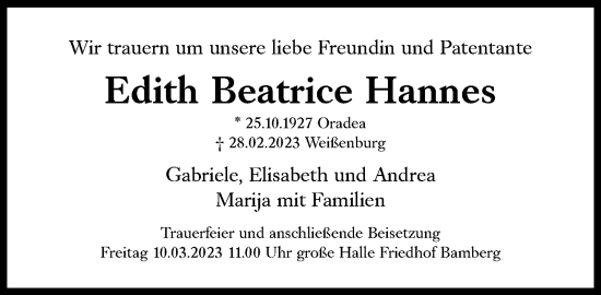 Traueranzeige von Edith Beatrice Hannes von Süddeutsche Zeitung