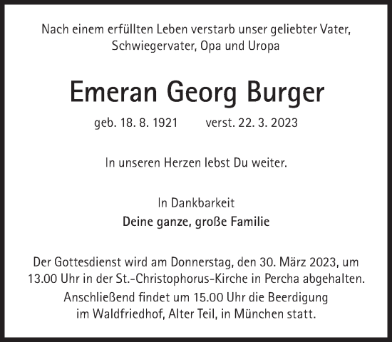 Traueranzeige von Emeran Georg Burger von Süddeutsche Zeitung