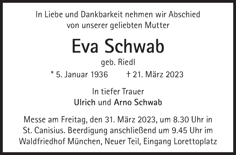  Traueranzeige für Eva Schwab vom 25.03.2023 aus Süddeutsche Zeitung