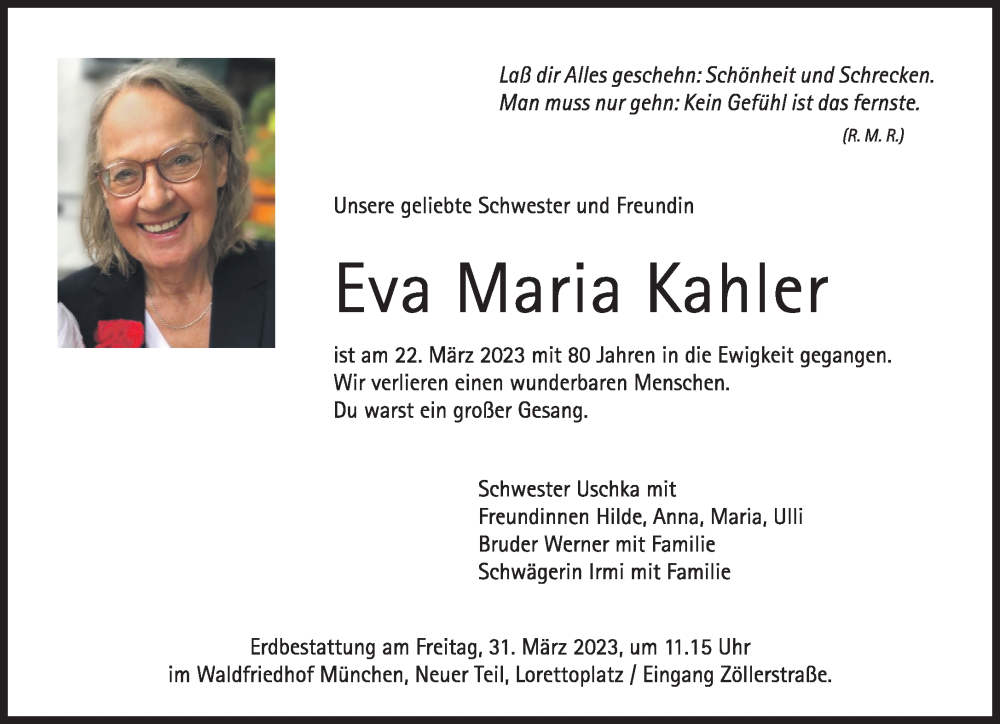  Traueranzeige für Eva Maria Kahler vom 25.03.2023 aus Süddeutsche Zeitung