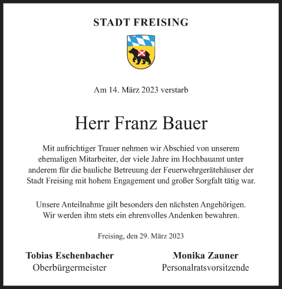 Traueranzeige von Franz Bauer von Süddeutsche Zeitung