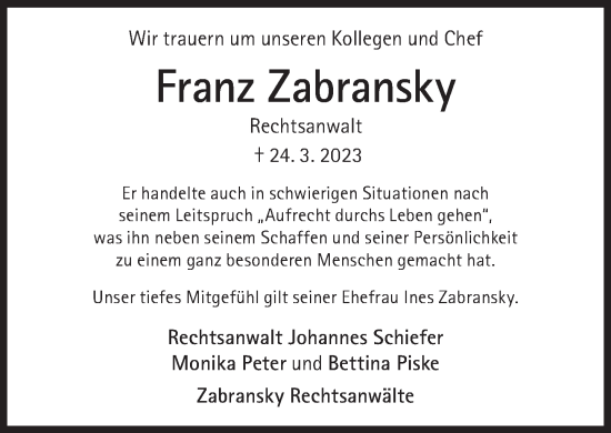 Traueranzeige von Franz Zabransky von Süddeutsche Zeitung