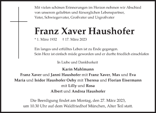 Traueranzeige von Franz Xaver Haushofer von Süddeutsche Zeitung