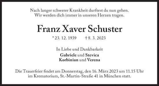 Traueranzeige von Franz Xaver Schuster von Süddeutsche Zeitung