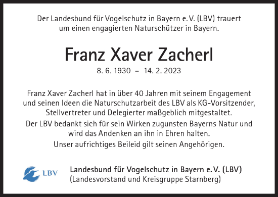 Traueranzeige von Franz Xaver Zacherl von Süddeutsche Zeitung