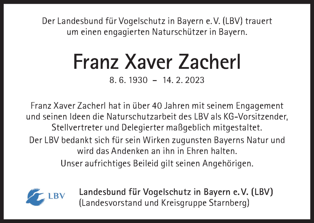 Traueranzeigen Von Franz Xaver Zacherl | SZ-Gedenken.de