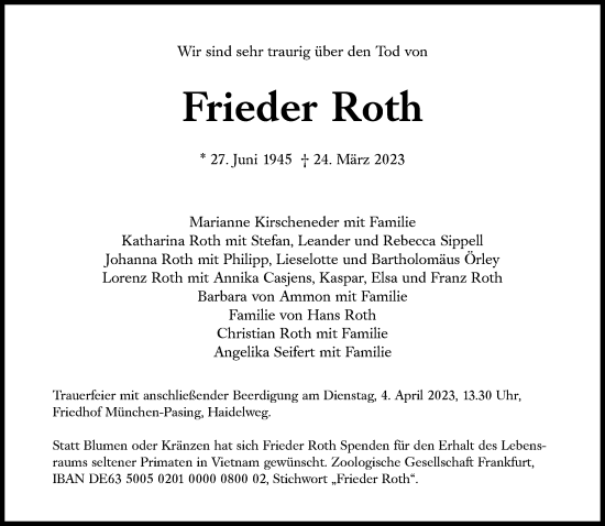 Traueranzeige von Frieder Roth von Süddeutsche Zeitung