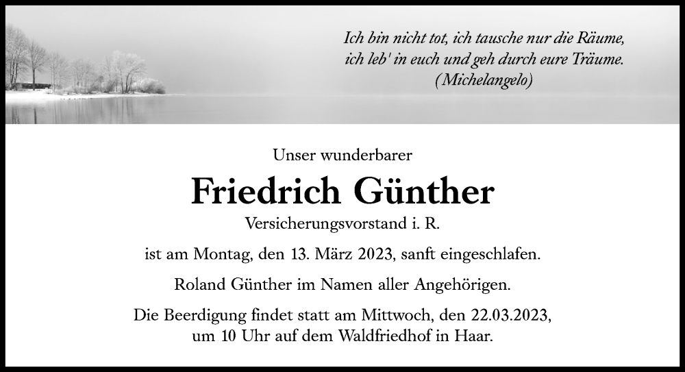  Traueranzeige für Friedrich Günther vom 18.03.2023 aus Süddeutsche Zeitung