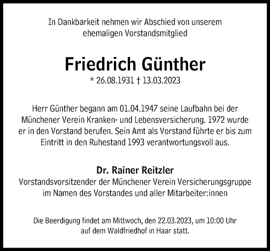 Traueranzeige von Friedrich Günther von Süddeutsche Zeitung