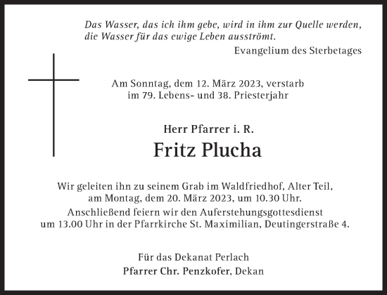 Traueranzeige von Fritz Plucha von Süddeutsche Zeitung