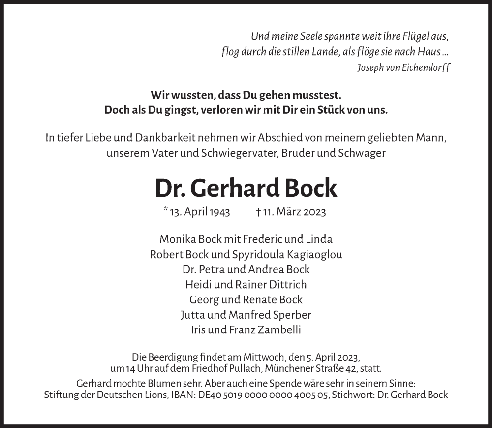  Traueranzeige für Gerhard Bock vom 25.03.2023 aus Süddeutsche Zeitung