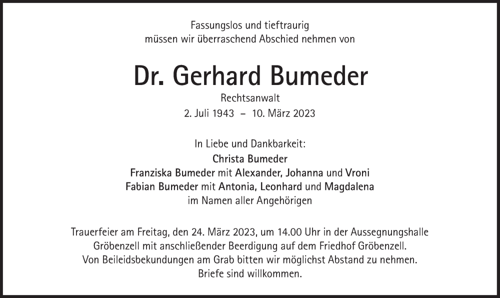  Traueranzeige für Gerhard Bumeder vom 18.03.2023 aus Süddeutsche Zeitung
