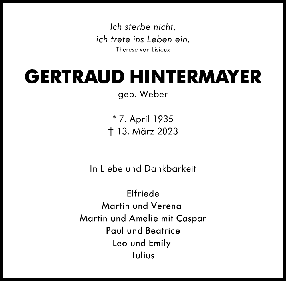  Traueranzeige für Gertraud Hintermayer vom 18.03.2023 aus Süddeutsche Zeitung