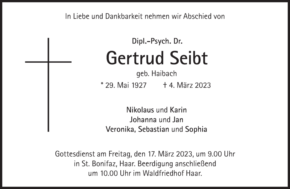  Traueranzeige für Gertrud Seibt vom 11.03.2023 aus Süddeutsche Zeitung