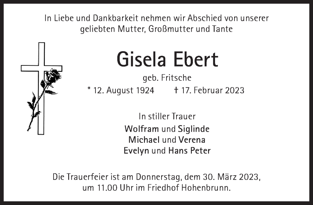  Traueranzeige für Gisela Ebert vom 25.03.2023 aus Süddeutsche Zeitung