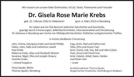 Traueranzeige von Gisela Rose Marie Krebs von Süddeutsche Zeitung