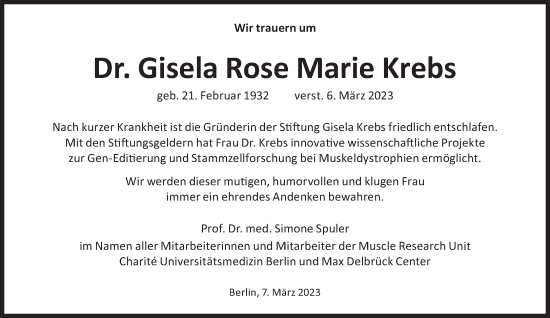 Traueranzeige von Gisela Rose Marie Krebs von Süddeutsche Zeitung