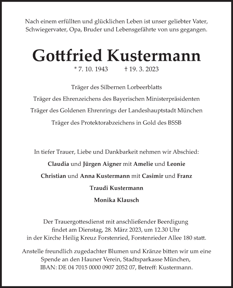  Traueranzeige für Gottfried Kustermann vom 25.03.2023 aus Süddeutsche Zeitung