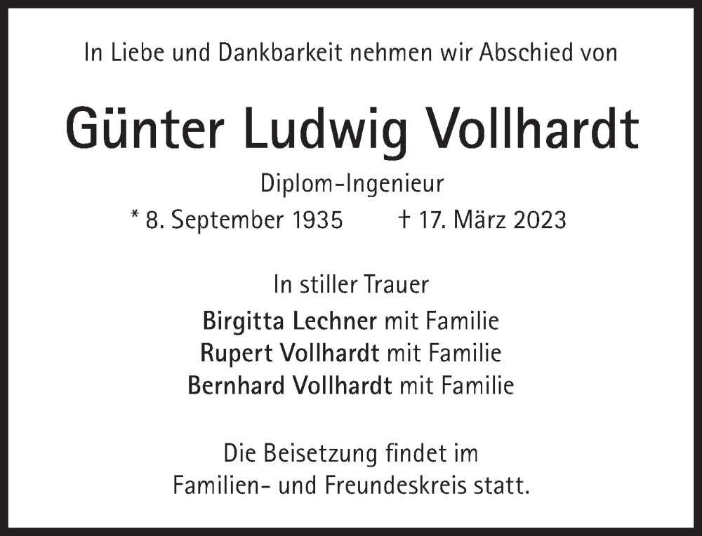  Traueranzeige für Günter Ludwig Vollhardt vom 25.03.2023 aus Süddeutsche Zeitung