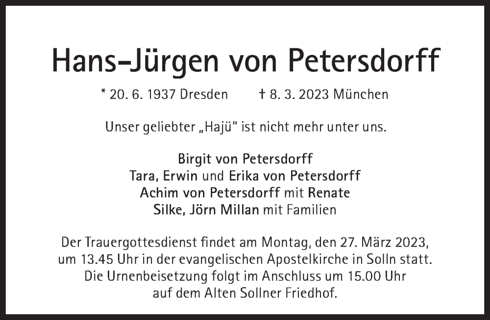  Traueranzeige für Hans-Jürgen  von Petersdorff vom 18.03.2023 aus Süddeutsche Zeitung