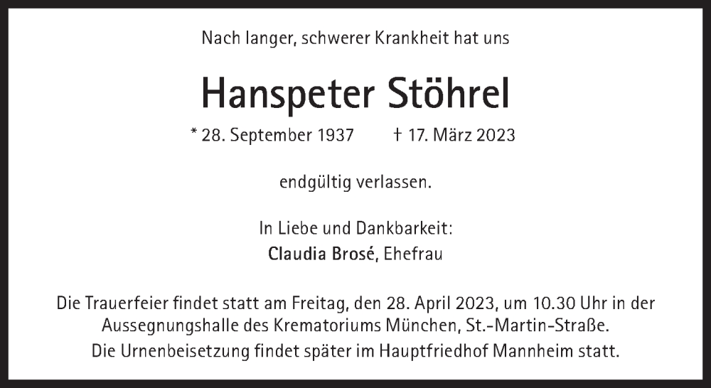  Traueranzeige für Hanspeter Stöhrel vom 25.03.2023 aus Süddeutsche Zeitung