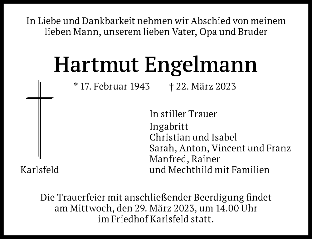  Traueranzeige für Hartmut Engelmann vom 25.03.2023 aus Süddeutsche Zeitung