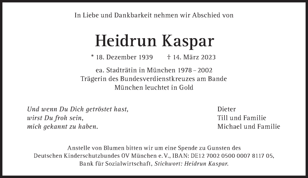  Traueranzeige für Heidrun Kaspar vom 21.03.2023 aus Süddeutsche Zeitung