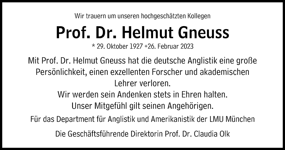  Traueranzeige für Helmut Gneuss vom 18.03.2023 aus Süddeutsche Zeitung