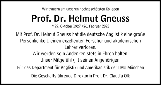 Traueranzeige von Helmut Gneuss von Süddeutsche Zeitung
