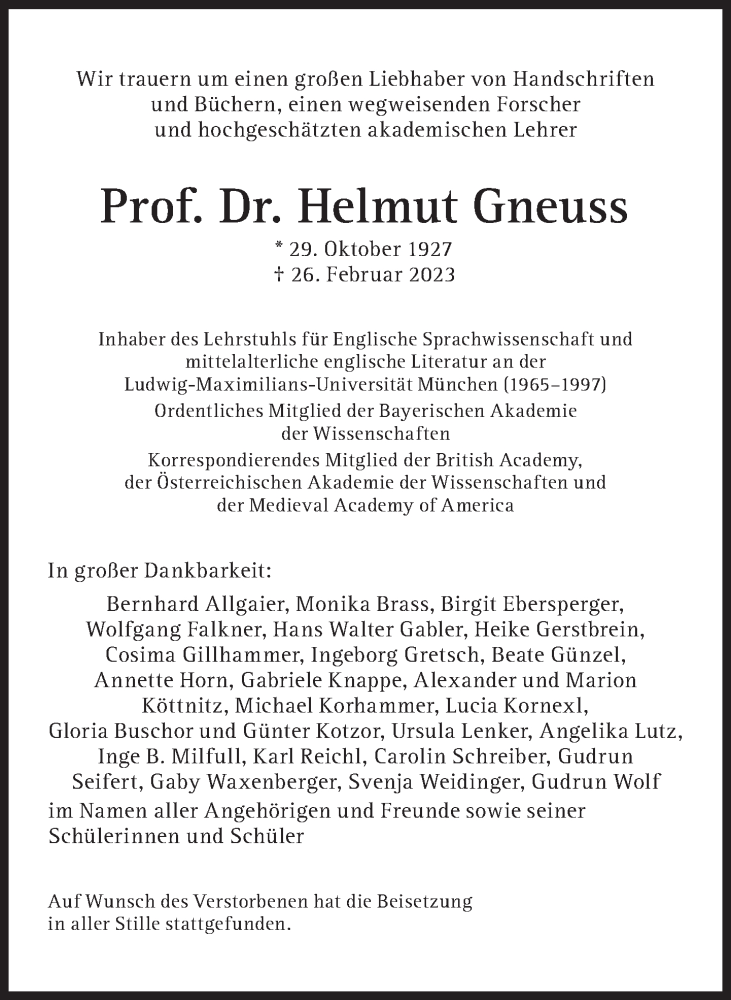  Traueranzeige für Helmut Gneuss vom 11.03.2023 aus Süddeutsche Zeitung