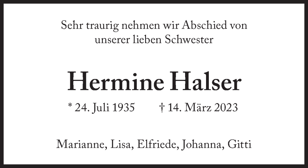  Traueranzeige für Hermine Halser vom 18.03.2023 aus Süddeutsche Zeitung