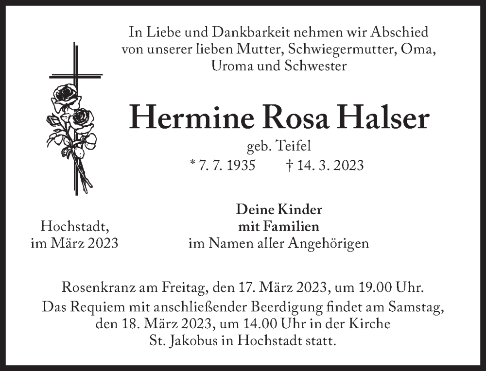  Traueranzeige für Hermine Rosa Halser vom 17.03.2023 aus Süddeutsche Zeitung