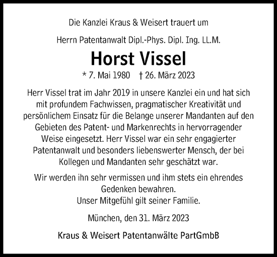 Traueranzeige von Horst Vissel von Süddeutsche Zeitung