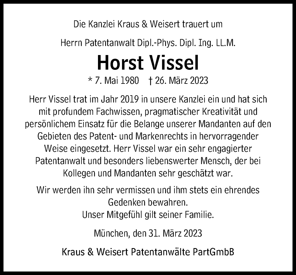  Traueranzeige für Horst Vissel vom 31.03.2023 aus Süddeutsche Zeitung